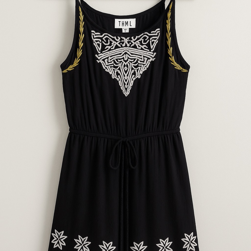 THML Black Embroidered Boho Romper | Size X-Small Adjustable Straps